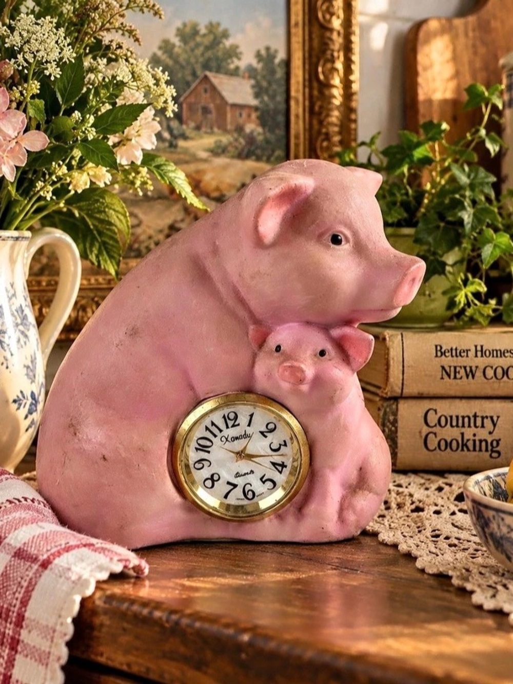 Vintage Xanadu Pink Pig Piglet Figurine Quartz Clock Japan Movement